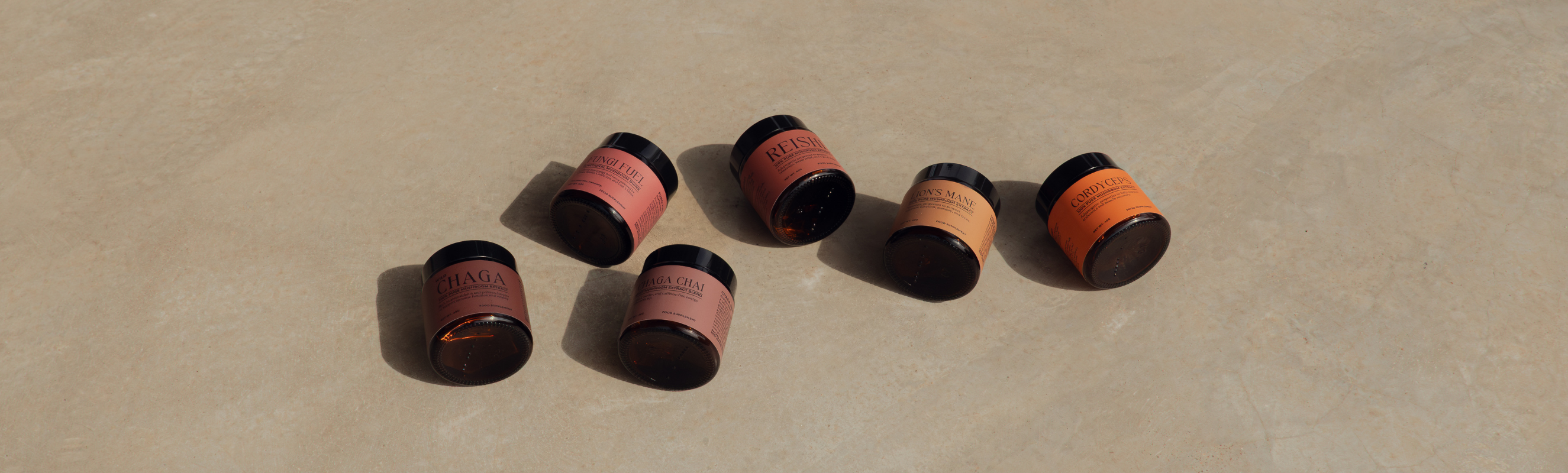 Four open amber glass jars of Nature’s Antidote functional mushroom extract powders—Reishi, Cordyceps, Lion’s Mane, and Chaga—showing their rich, earthy colors and fine textures against a neutral background.